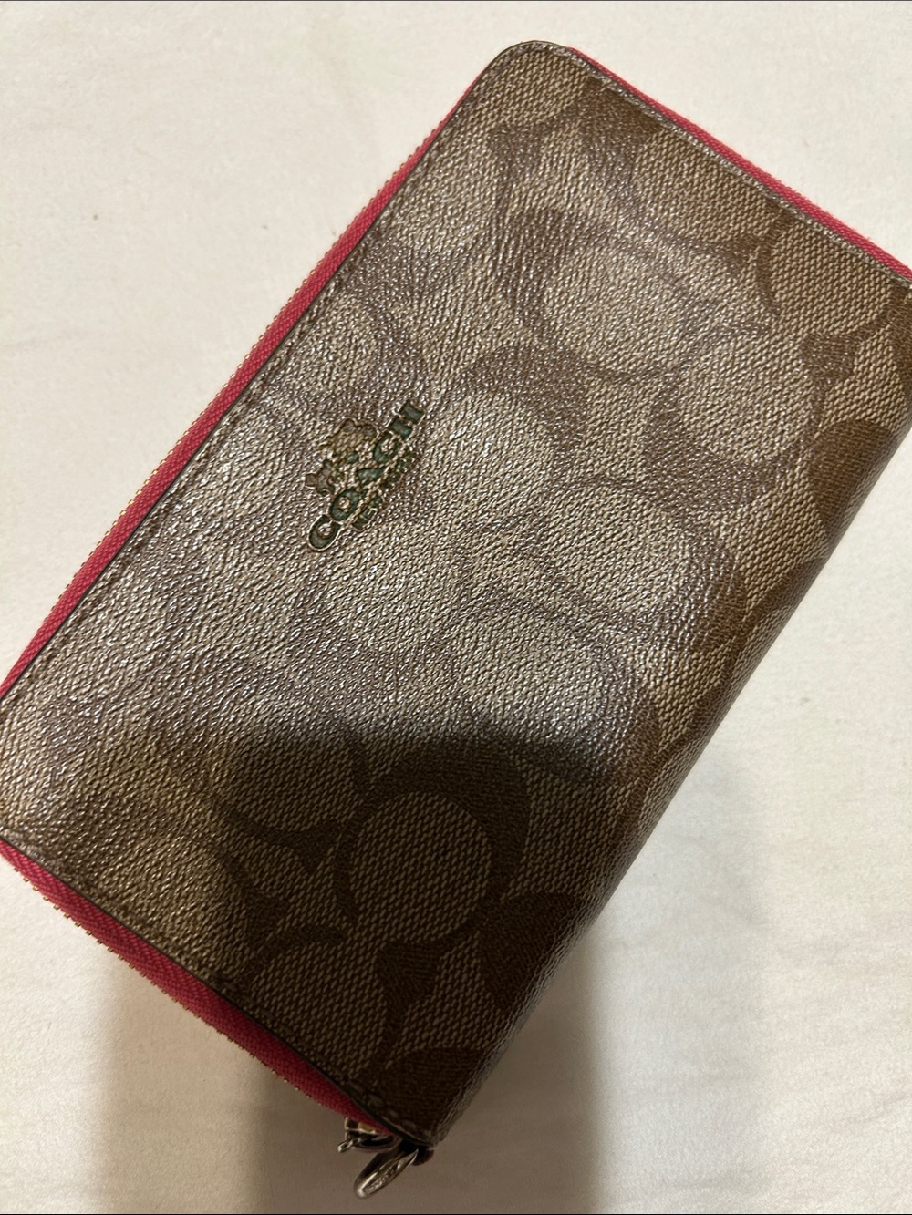 Coach Brown Signature Canvas Zip Wallet with Pink Trim
